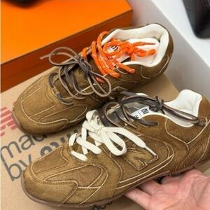 Miu Miu Brown Suede Sneakers with Orange and White Laces